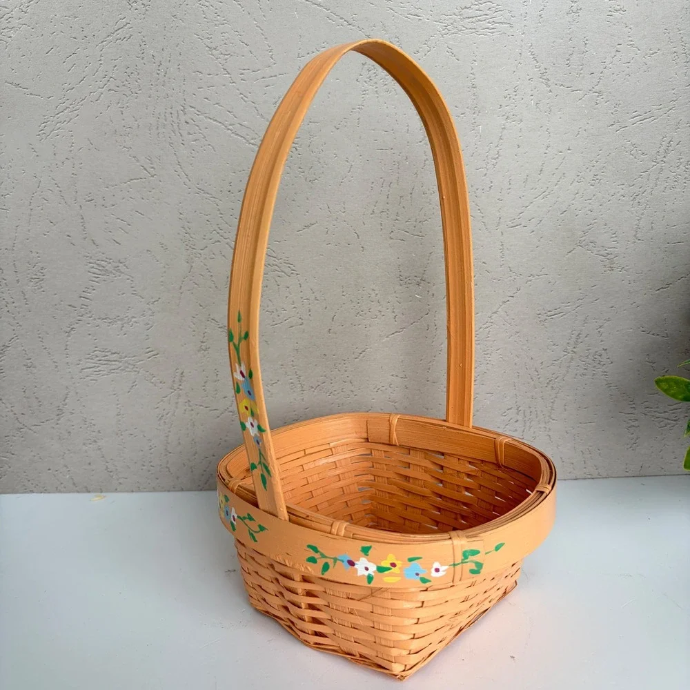 Vintage Hand Painted Woven Wood Floral Basket Peach Orange Cottagecore Decor